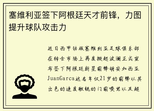 塞维利亚签下阿根廷天才前锋，力图提升球队攻击力